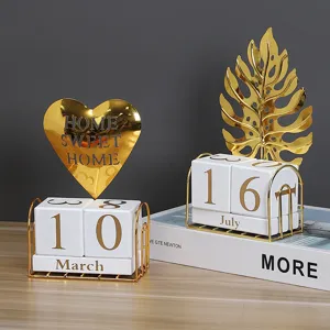 Light Luxury Metal Leaf Calendar Ornament Gold Desk Calendar Home Office Desktop Square Perpetual Calendar Decor