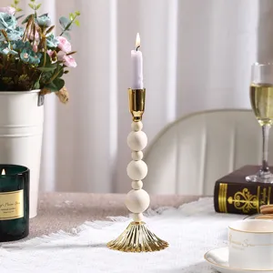Retro wooden bead iron candlestick for home indoor living room tabletop decoration lighting