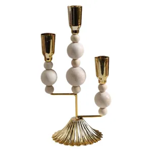 Vintage wooden bead iron candlestick holder, 3-arm gold metal and natural wood decor for home.