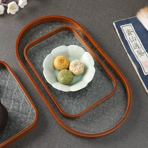 Chinesisches Antikes Holz Begonien Geprägtes Glas Tee Dessert Tablett Zuhause Wohnzimmer Snack Quadratisches Serviertablett
