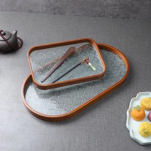 Chinesisches antikes Holz und geprägtes Glas Tee und Gebäck Tablett für das Wohnzimmer