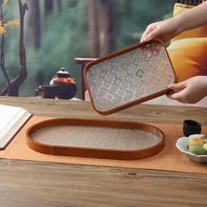 Chinesisches antikes Holztablett mit geprägtem Glas für Wohnzimmer Snacks Tee servieren.