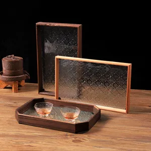 Retro Chinese Stijl Begonia Bloem Glas Houten Dienblad Decoratieve Opslag Dienblad Voor Theeset Tafel Restaurant