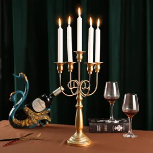 French vintage 5-arm gold candelabra candle holder for romantic home dining table decoration.