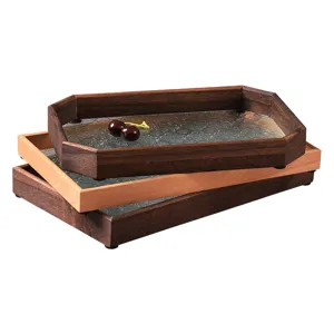Decoratief houten dienblad met begonia patroon glas, vintage serveerblad voor thuisdecoratie