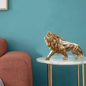 Belle Statue de Lion en Résine Dorée Ornement de Table Décoration Salon Bureau Sculpture