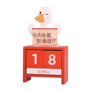 Cute wooden perpetual calendar desk decoration with cheering duck design for office and study.