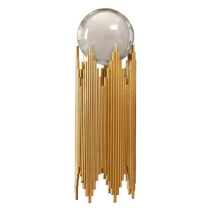 Luxury clear crystal ball with modern gold vertical bar stand desktop ornament for living room decor.