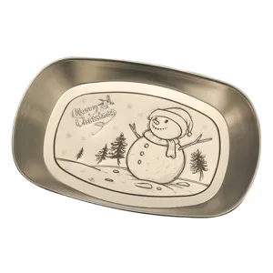 Plateau de camping en fer blanc vintage avec motif de bonhomme de neige de Noël durable.
