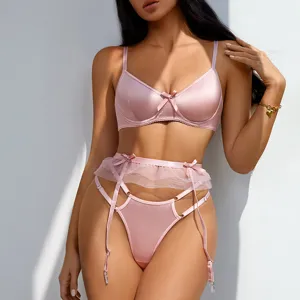 Set Reggiseno in Raso e Rete Sexy Stile Francese Push Up Lingerie Con Reggicalze e Mutandine Decorazione con Fiocco