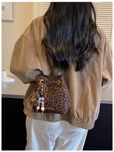 Retro brushed leopard print bucket bag for women, chic single shoulder crossbody bag trendy.