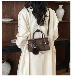 Retro woven small square bag for women, stylish crossbody shoulder bag with chic plush ball.