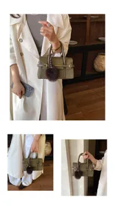 Women's vintage woven handbag mini top handle bag with cute pom pom charm chic fashion style