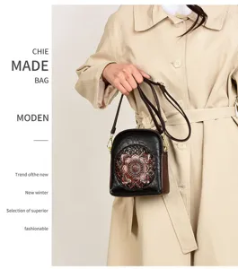 Retro embossed shoulder bag, fashionable vintage crossbody phone bag for women daily use.