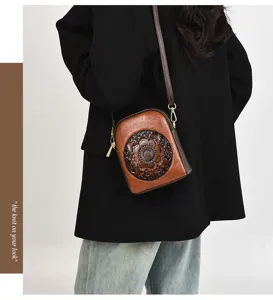 Retro vintage embossed leather crossbody phone bag for women, stylish daily shoulder bag.