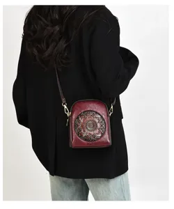 Vintage embossed leather crossbody bag, stylish floral pattern women shoulder phone bag.
