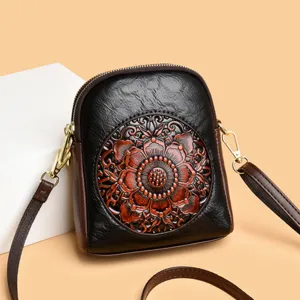 Retro embossed floral crossbody shoulder bag, black pu leather small phone bag for women.