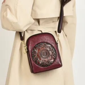 Vintage Embossed Floral Crossbody Phone Bag PU Leather Shoulder Purse for Women Daily