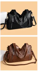 Large capacity women leather tote bag, soft slouchy shoulder bag with vertical zipper pockets.