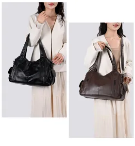 Large capacity womens shoulder tote bag, stylish commuting crossbody bag with side pockets.