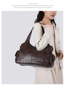 Stylish large capacity brown leather shoulder bag for women commuter casual tote handbag