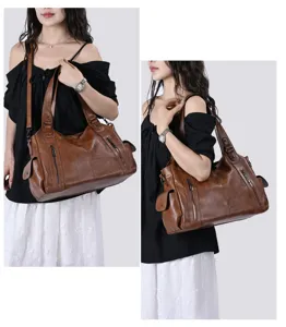 Women's vintage brown leather tote bag, large capacity single shoulder crossbody bag for daily use.