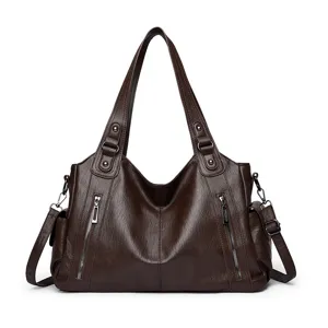 Women large capacity brown leather shoulder bag, stylish casual commuting tote handbag.