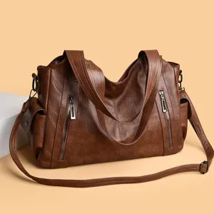 Dark brown leather large capacity shoulder bag, stylish casual commute tote bag for women.