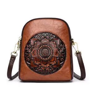 Vintage embossed faux leather shoulder crossbody bag, stylish mobile phone pouch for women.