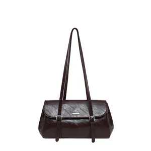 Retro dark brown leather shoulder bag, elegant commuter axillary bag with chic dual straps.