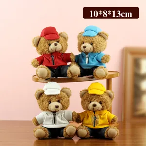 Cute plush teddy bear keychain with colorful jacket and cap, soft toy pendant for bag.