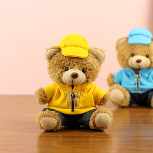 Cute plush teddy bear pendant toy wearing yellow jacket and hat for car interior decoration