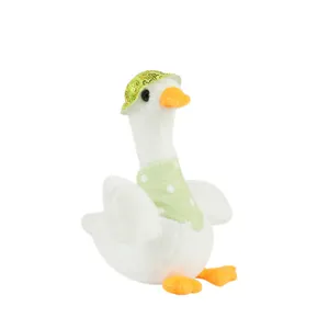 Cute white plush duck toy wearing a green sequin hat and polka dot scarf, soft doll gift for kids.