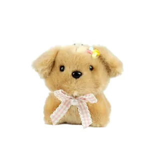 Süßes Welpen Plüschtier Schlüsselanhänger mit rosa Schleife, weicher Kuscheltier Taschenanhänger.