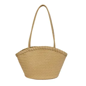 Borsa a spalla intrecciata color cachi, elegante shopper grande da donna per il lavoro.