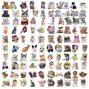 Vista detallada de pegatinas de gatos realistas lindos con película holográfica de estrellas láser.