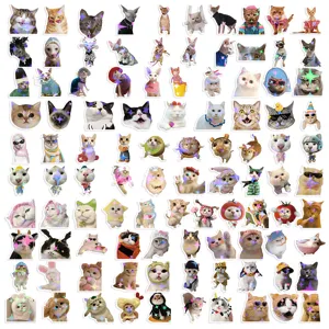 Vista detallada del set de pegatinas meme de gatos con efecto de estrella holográfica.