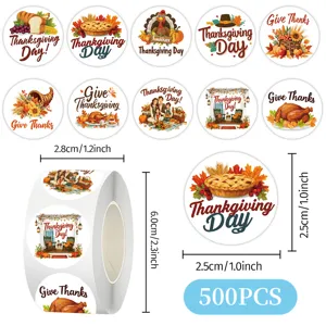 Thanksgiving roll stickers with 10 festival designs, 500pcs per roll for gift sealing.
