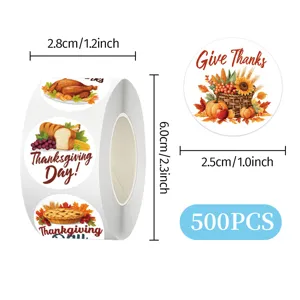 Thanksgiving round sticker roll detail showing autumn pumpkin, turkey and harvest design elements.