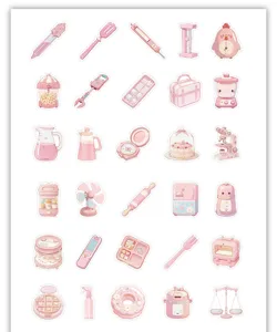 Gedetailleerd overzicht van roze bakkerij keuken stickers met schattige apparaat patronen.