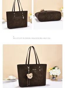 Grand sac cabas rétro pour femme, sac à épaule décontracté avec joli pendentif ours et grand espace.