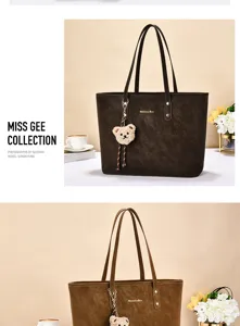 Sac cabas vintage en suédine marron pour femme, grand sac porté épaule avec charm's ours.