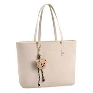Sac cabas classique en cuir PU beige avec double sangle et charmant pendentif en peluche.