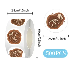 Dinosaur fossil roll stickers, 500 pcs round decorative labels for kids crafts and gifts.