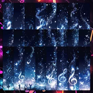 Detailed view of dark blue magical musical note and butterfly paper bookmarks for DIY journaling.