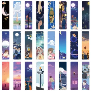 Set of 24 anime illustration paper bookmarks, starry sky and scenic designs for DIY reading.