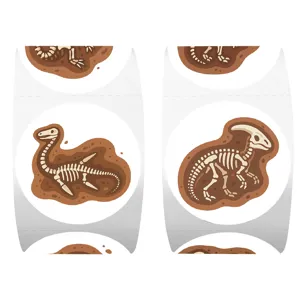 Dinosaur fossil roll stickers, cute cartoon skeleton round sealing labels for kids crafts.