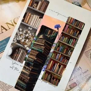 Vintage bookshelf paper bookmarks set of 24, aesthetic literary journaling decoration cards.