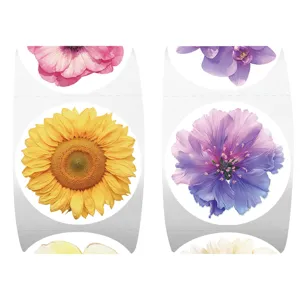 Floral roll stickers for DIY journaling, waterproof decorative round flower sticker rolls.
