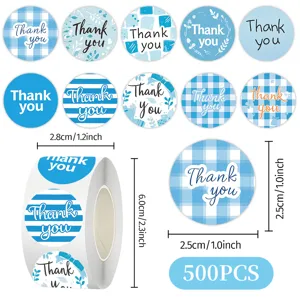 Blue thank you stickers roll round decorative self adhesive labels for gifts packaging 500pcs